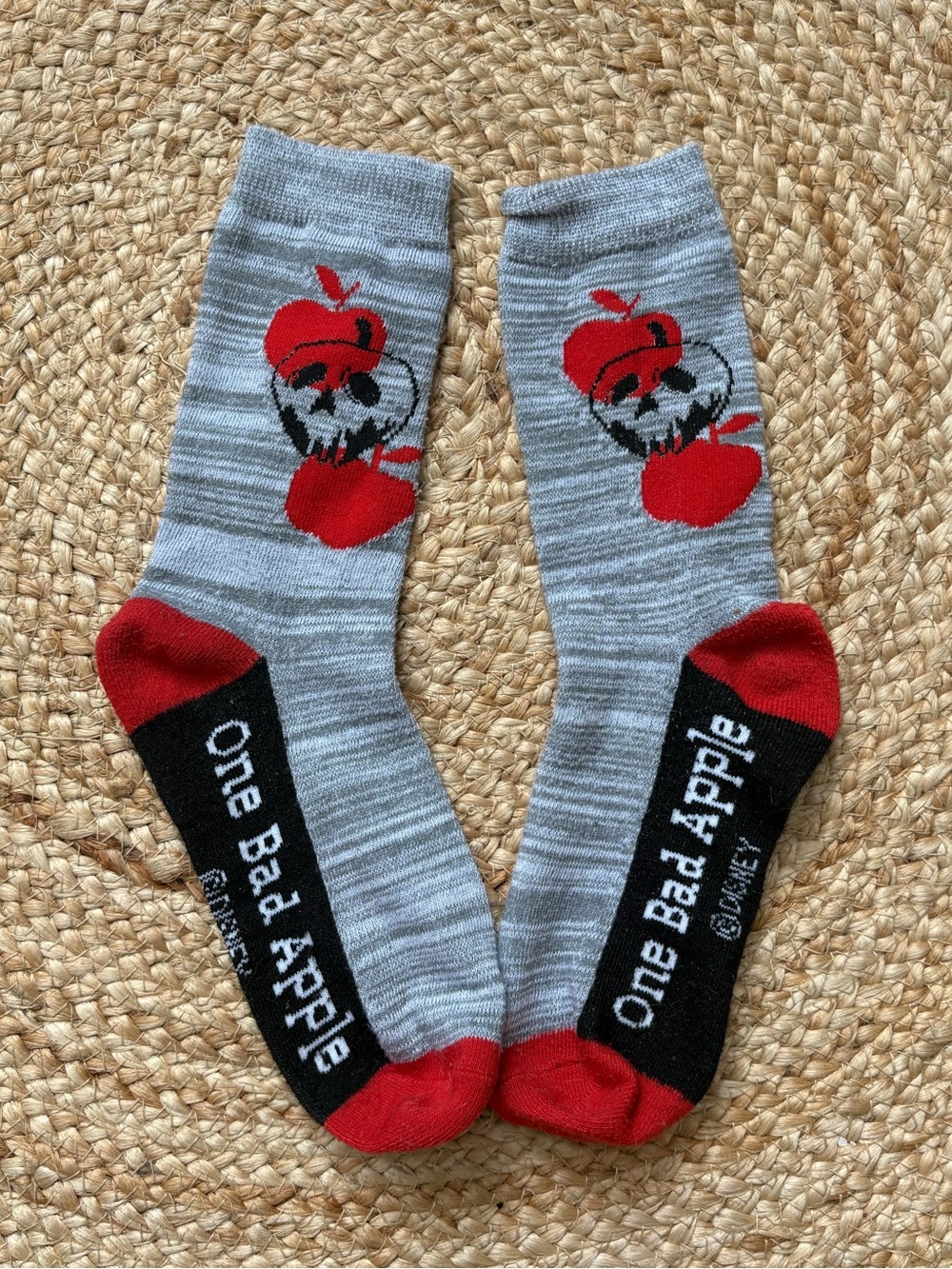 Disney Grey Crew Socks with Red Apple Skull Accents
